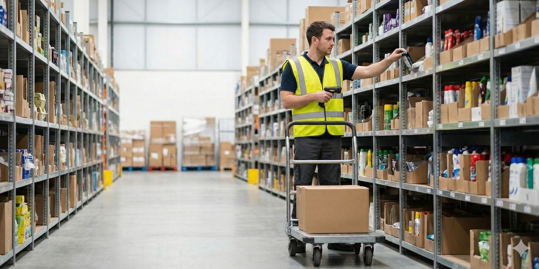 A warehouse worker in a high-visibility vest picks a single item for a sales order in a well-lit warehouse aisle. He uses a handheld scanner and a picking trolley for a carton, which illustrates the single-order picking process.